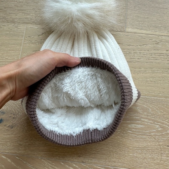 Cozy White and Brown  Pom-Pom Beanie - Picture 3 of 4